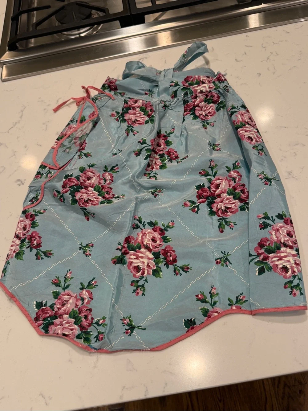 Vtg. Blue Pink Rose Half Apron Cottagecore Floral Pocket Retro Kitchen Hostes